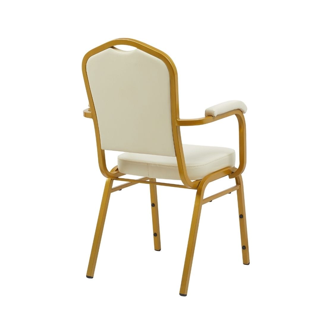 Chivari Ivory Vinyl Gold Frame Crown Back Banquet Chair with Arms CQCAVI-ZF-T