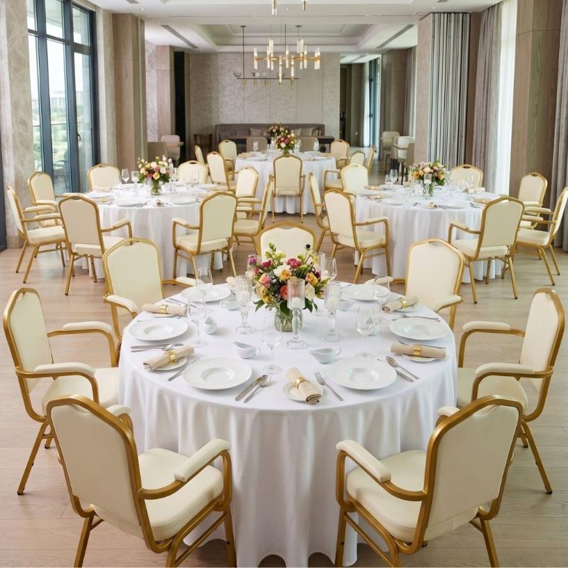 Chivari Ivory Vinyl Gold Frame Crown Back Banquet Chair with Arms CQCAVI-ZF-T
