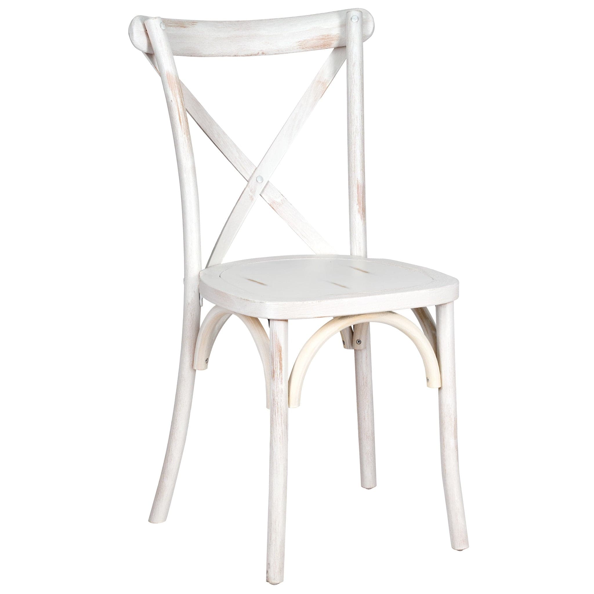 Chivari 24 Pack White Distressed ToughWood™ Cross Back Chair CXWWD-AX-T-24