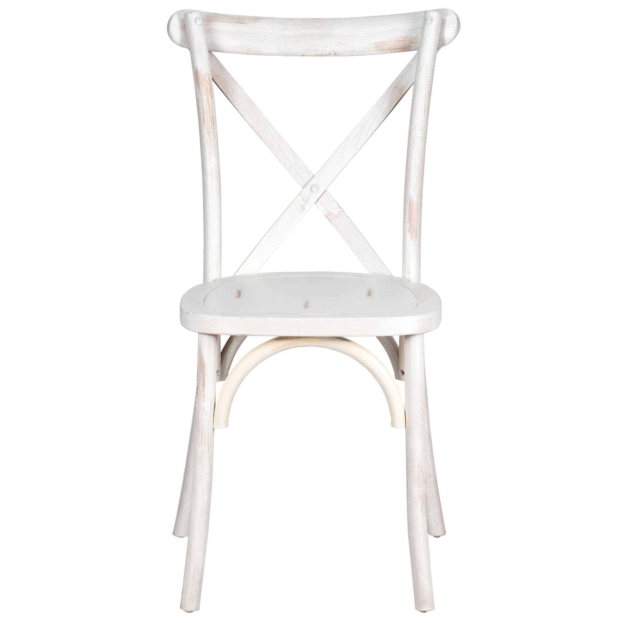 Chivari 24 Pack White Distressed ToughWood™ Cross Back Chair CXWWD-AX-T-24