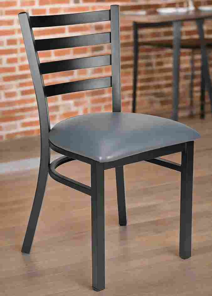 Ladder Back Restaurant Chair with Black Metal Frame and Dark Gray Vinyl Seat