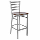 Ladder Back Bar Stool with Silver Frame and Dark Wood Seat