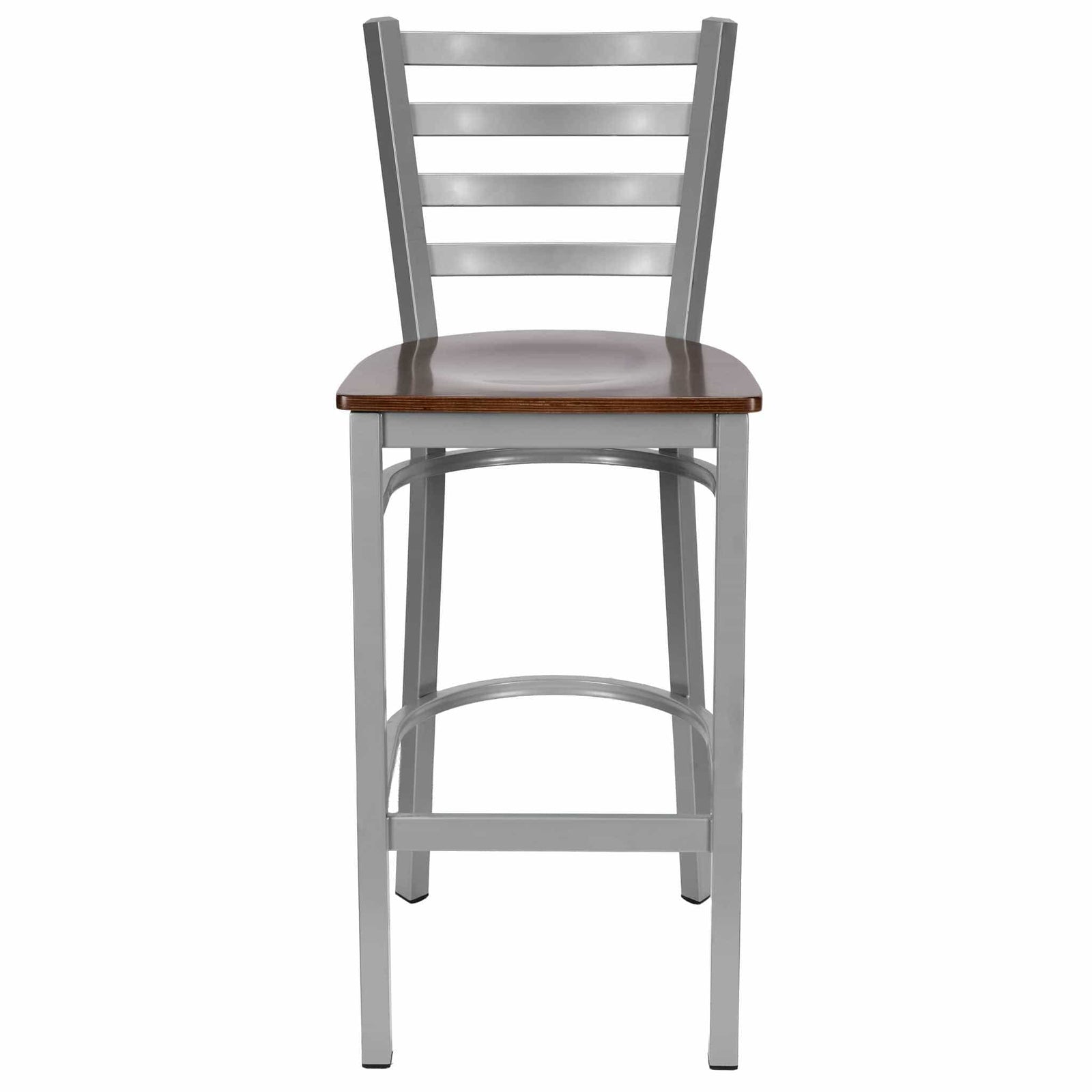 Chivari Ladder Back Bar Stool with Silver Frame and Dark Wood Seat BLMSWDW-ZF-KT