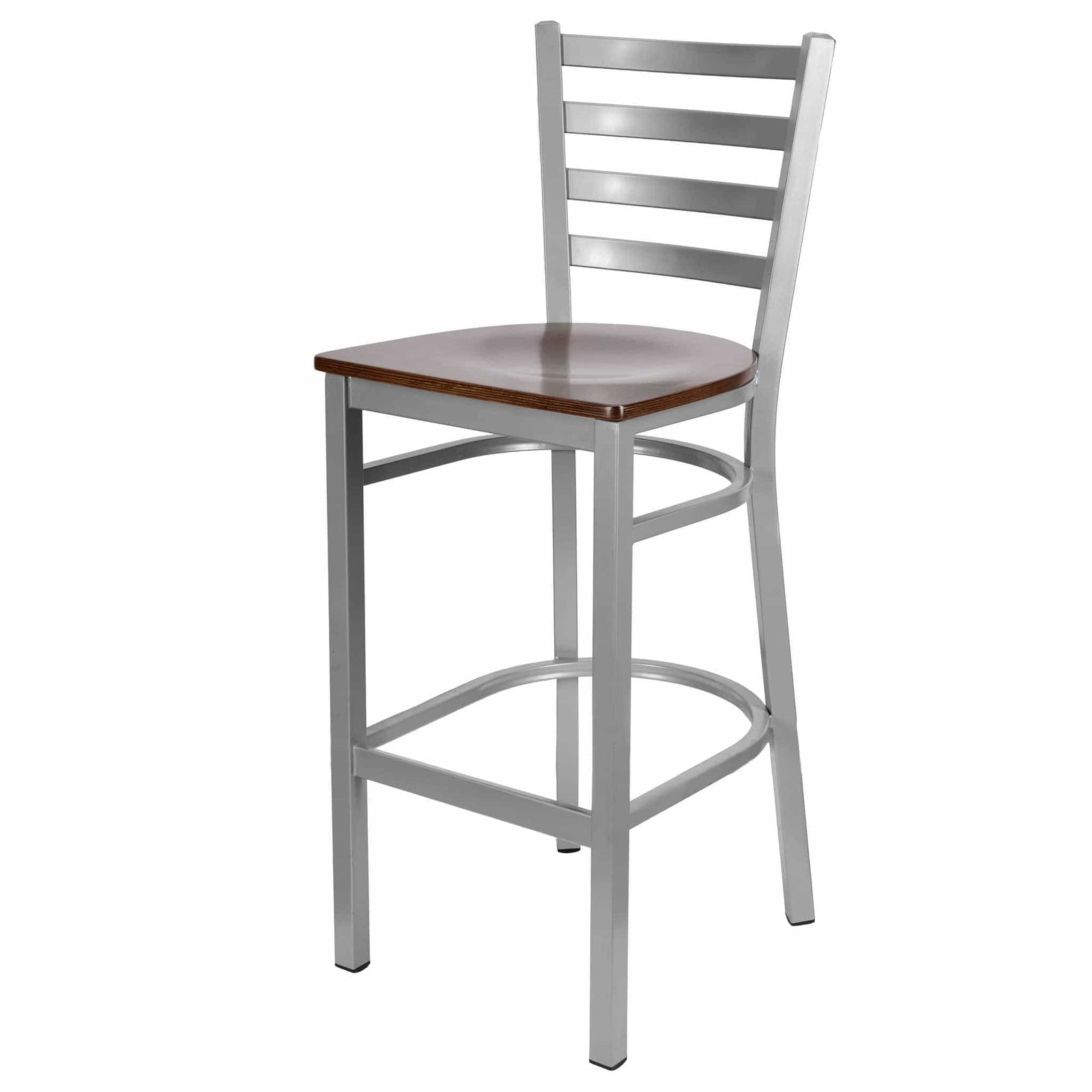 Chivari Ladder Back Bar Stool with Silver Frame and Dark Wood Seat BLMSWDW-ZF-KT