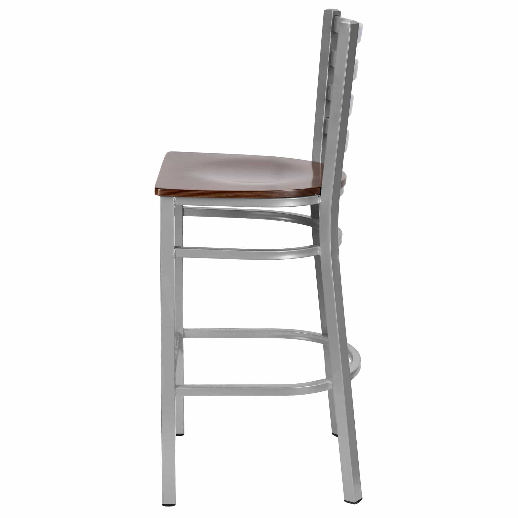 Chivari Ladder Back Bar Stool with Silver Frame and Dark Wood Seat BLMSWDW-ZF-KT