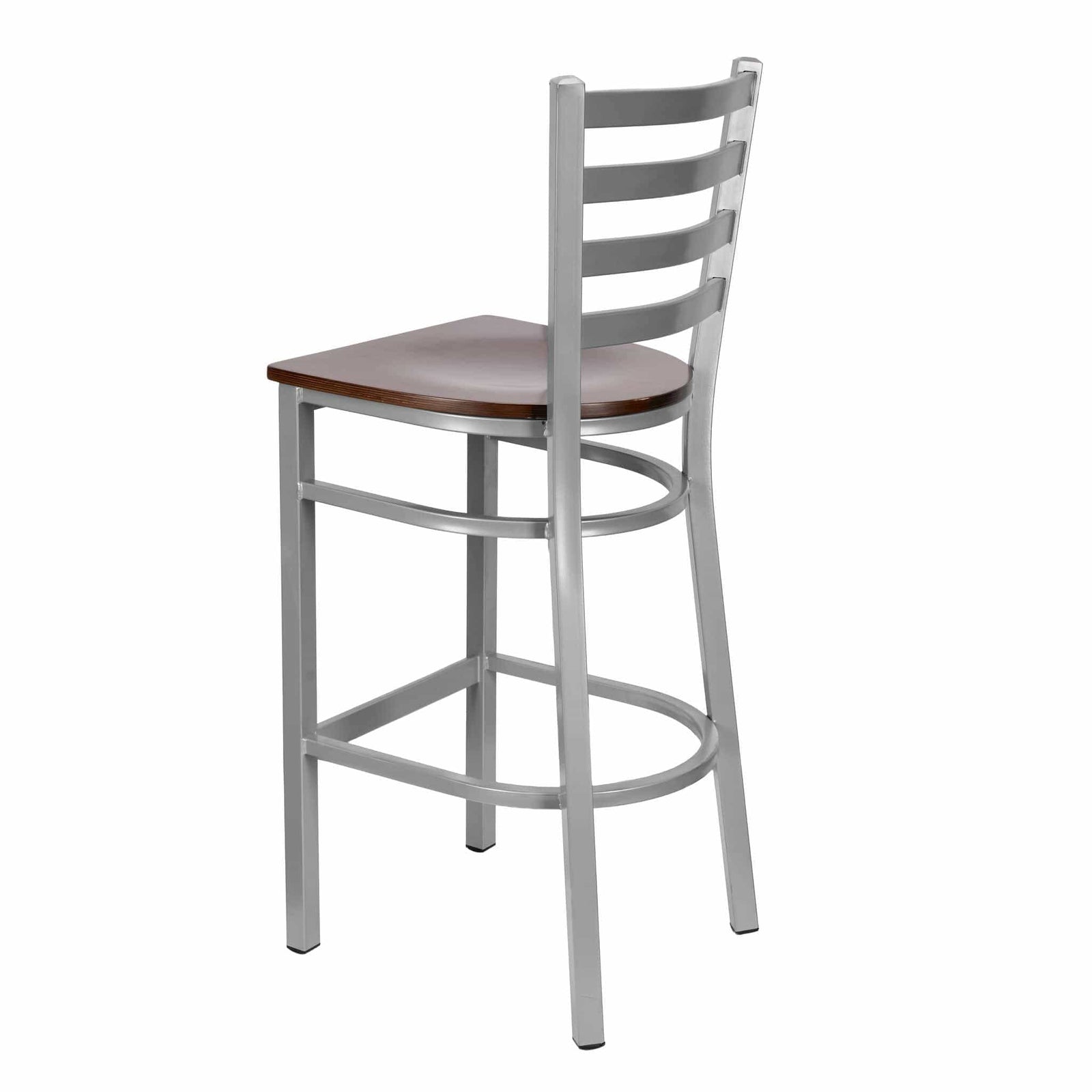 Chivari Ladder Back Bar Stool with Silver Frame and Dark Wood Seat BLMSWDW-ZF-KT
