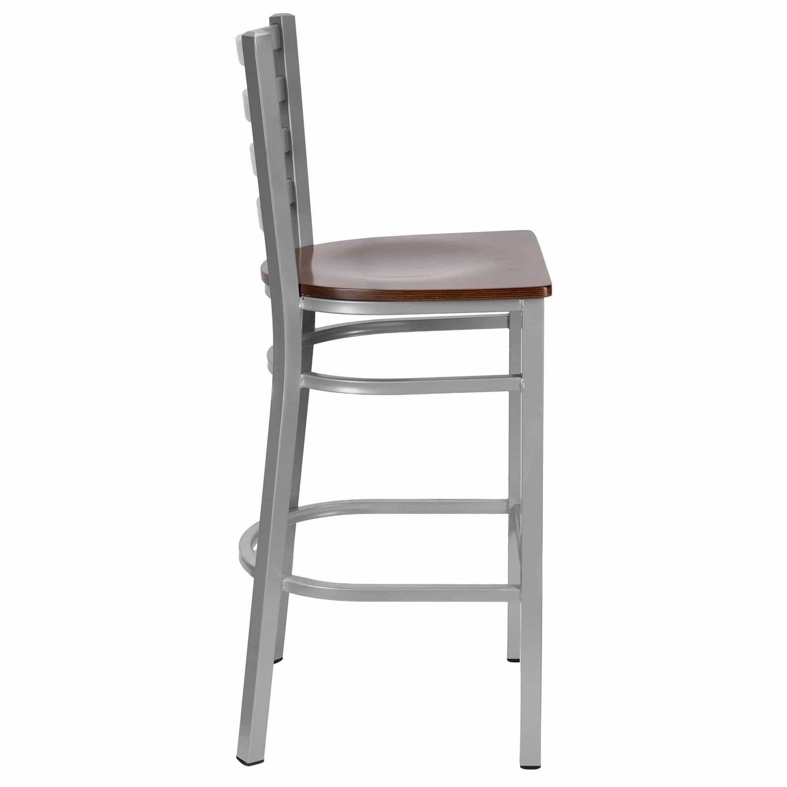 Chivari Ladder Back Bar Stool with Silver Frame and Dark Wood Seat BLMSWDW-ZF-KT