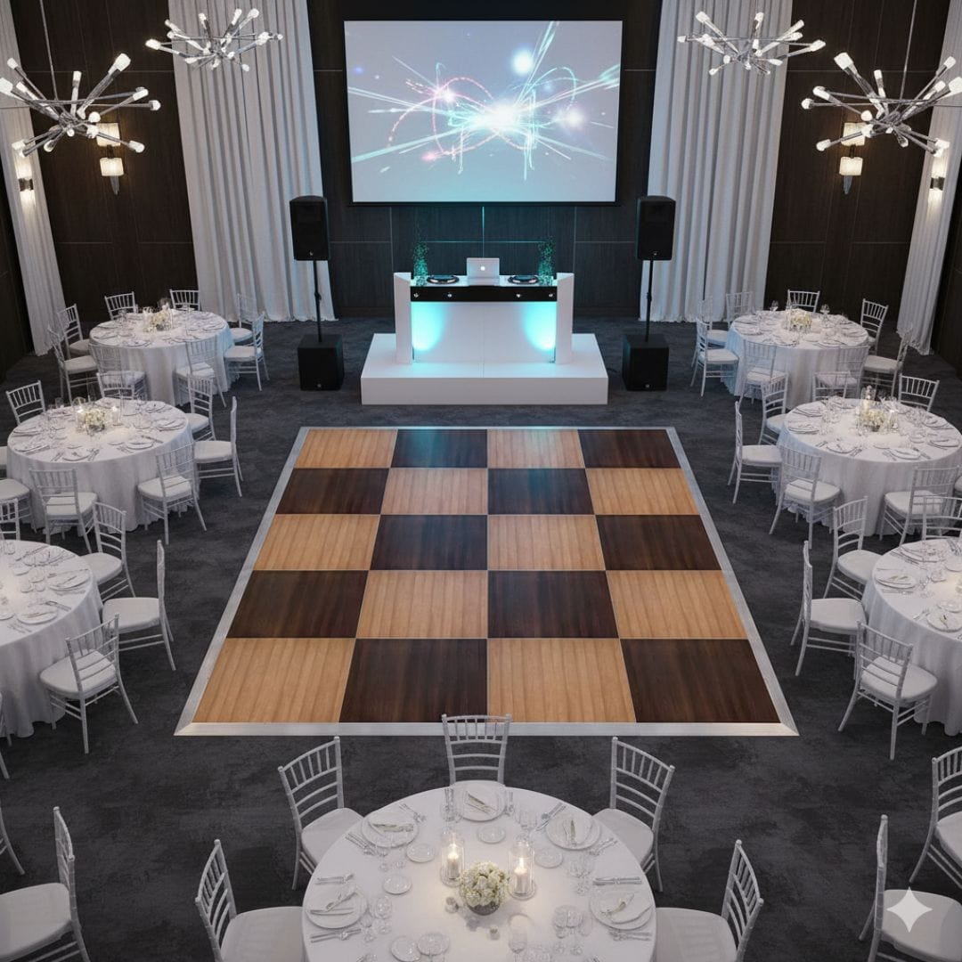 Chivari 16' x 16' Fruitwood & Chestnut Portable Dance Floor with Silver Edge Trim DF-16X16-CHTFRTS-KT