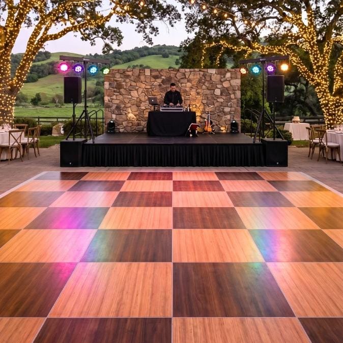 Chivari 24' x 24' Fruitwood & Chestnut Portable Dance Floor with Silver Edge Trim DF-24X24-CHTFRTS-KT