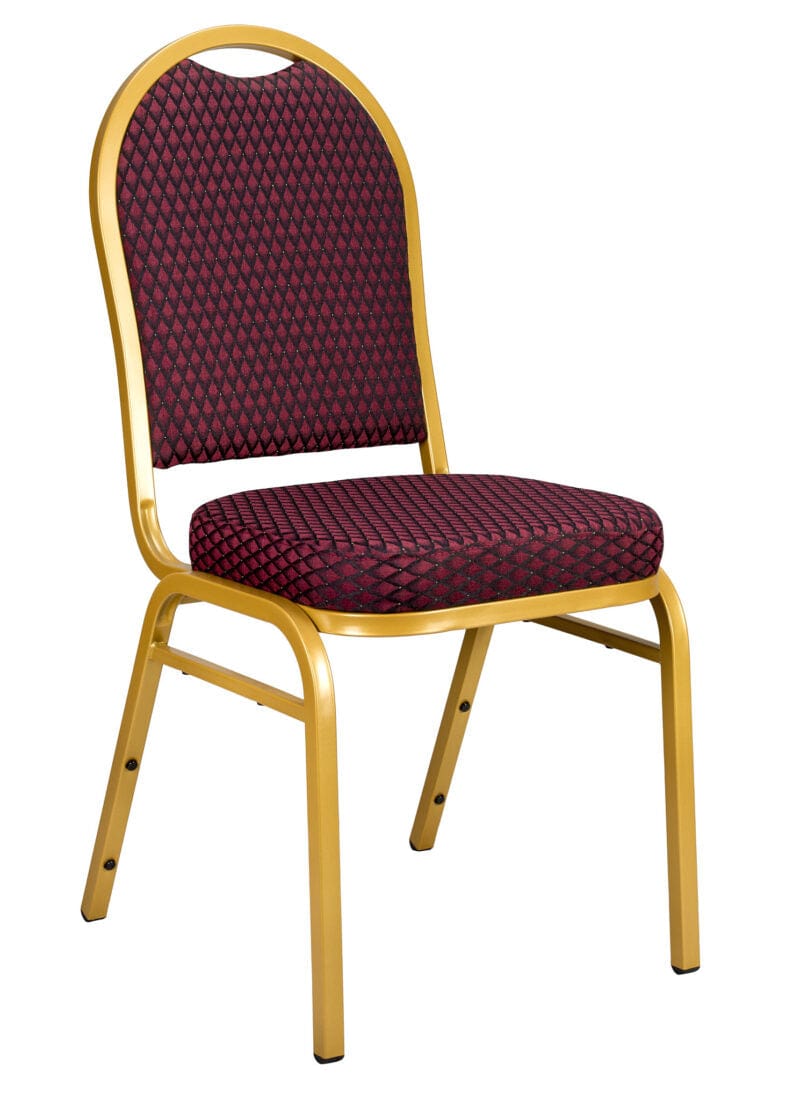 Burgundy Patterned Fabric Gold Steel Frame Dome Back Banquet Chair