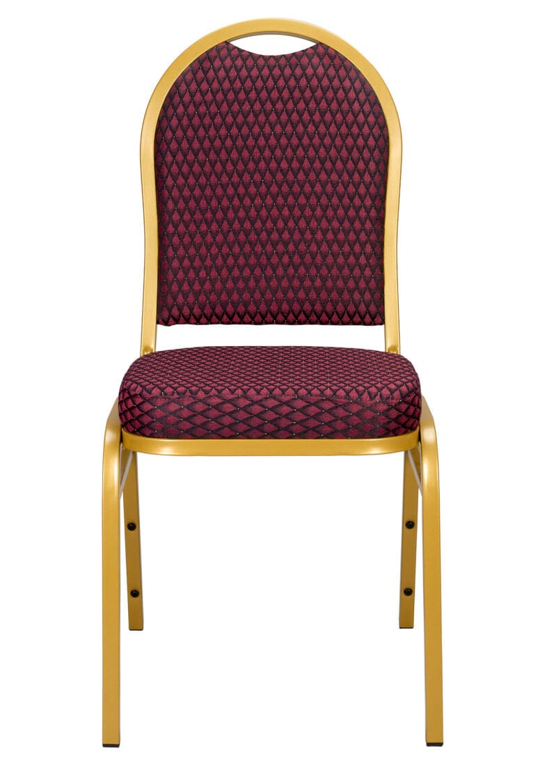 Burgundy Patterned Fabric Gold Steel Frame Dome Back Banquet Chair