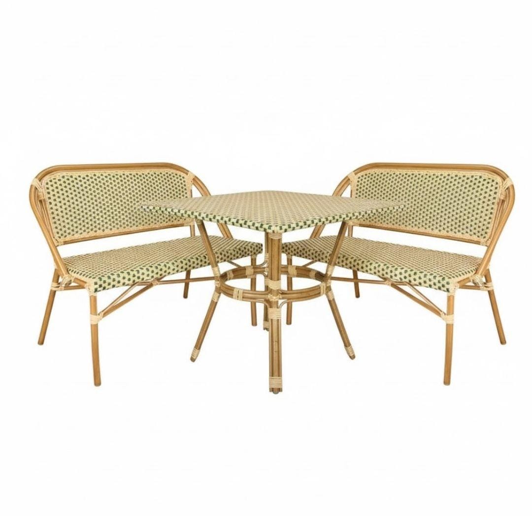Toulouse Beige on Green French Bistro Set with 48x36" Table and 2 Benches FBK-BG-4836X2B