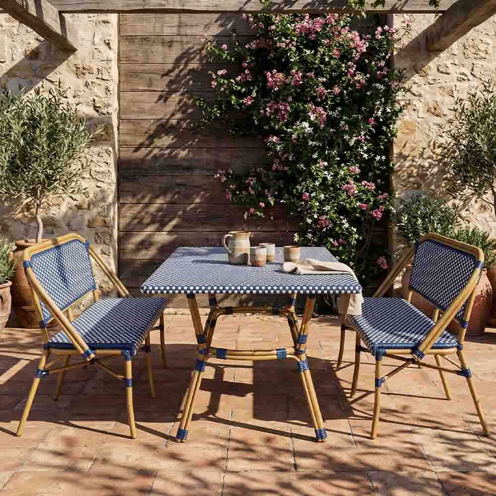 Toulouse Blue on White French Bistro Set with 48"x36" Table and 2 Benches FBK-BLU-4836X2B