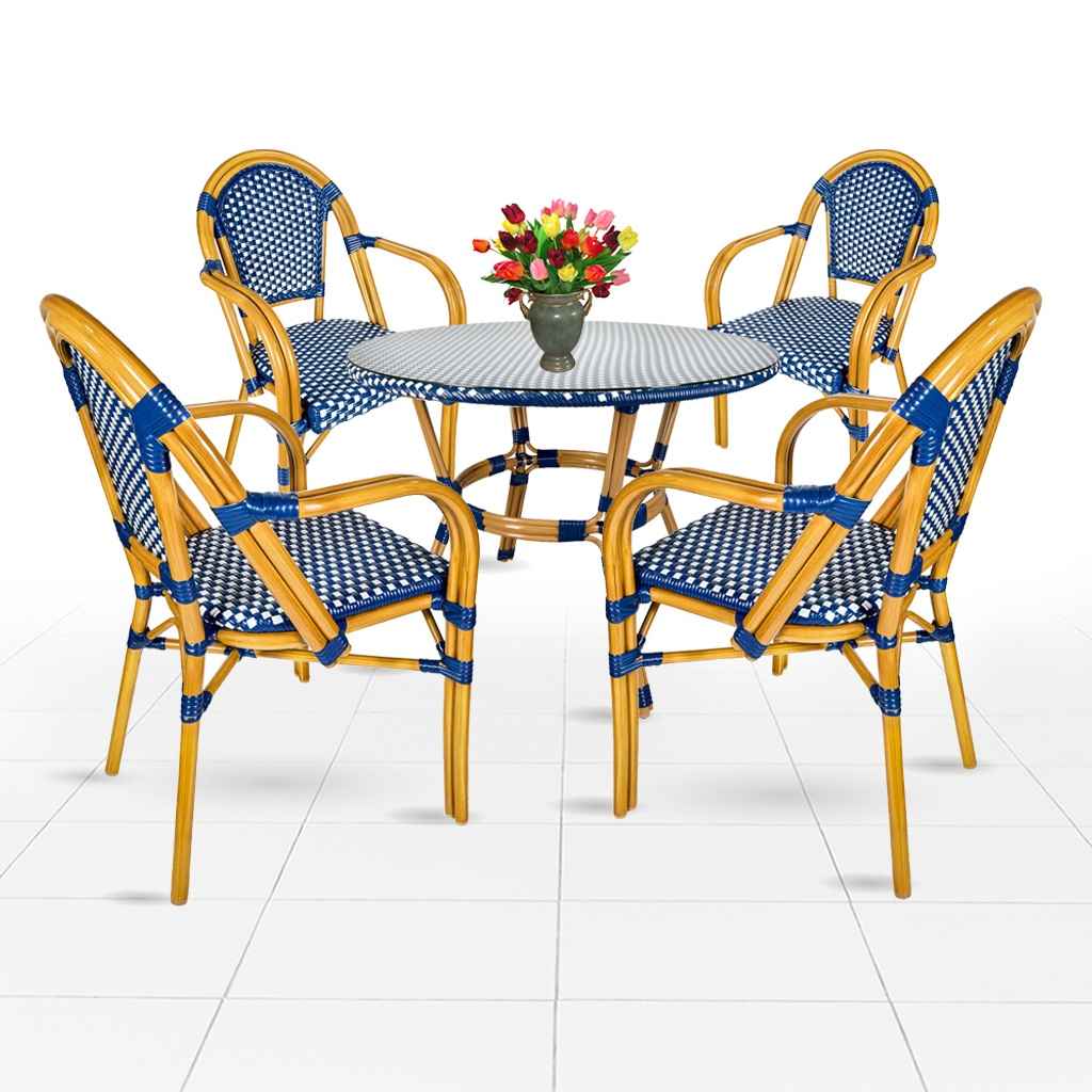 Chivari Blue and White French Bistro Set Includes 40" Table and 4 Chairs with Arms FBK-BLU-ABLU4-AX
