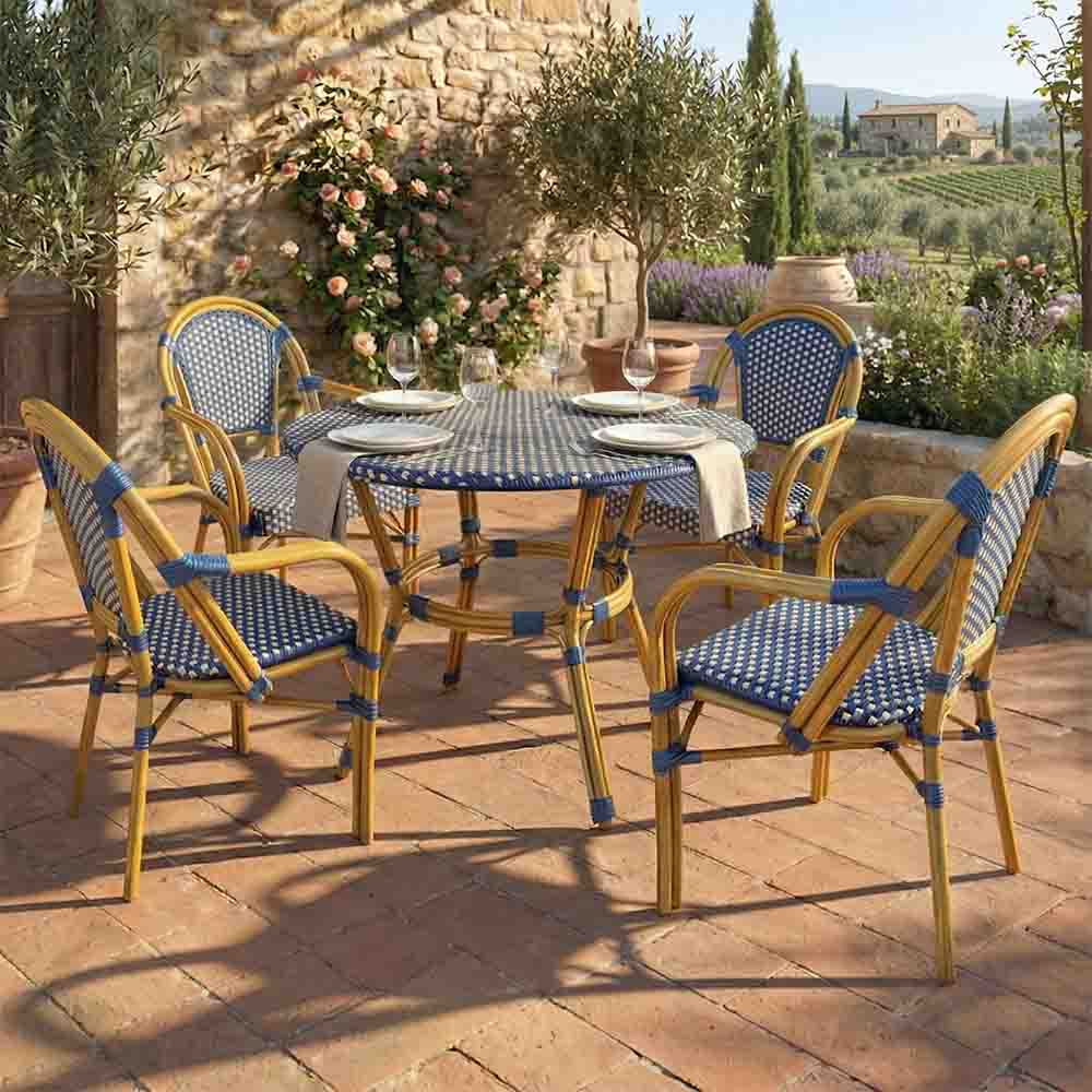 Toulouse Blue and White French Bistro Set Includes 40" Table and 4 Chairs with Arms FBK-BLU-ABLU4-AX