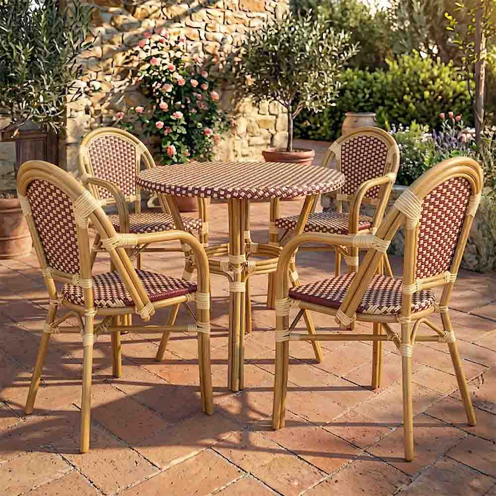 Toulouse Beige and Maroon French Bistro Set Includes 40" Table and 4 Chairs with Arms FBK-BM-AWM4-AX