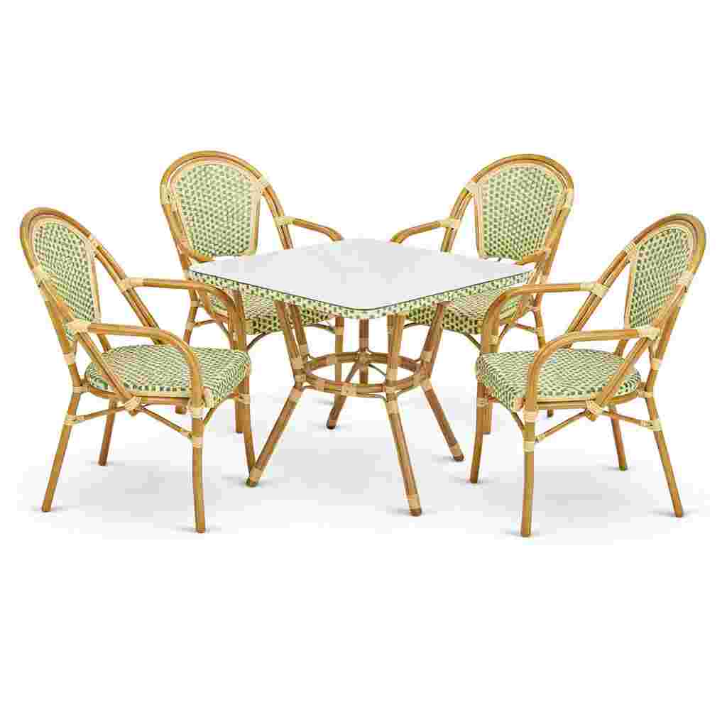 Toulouse Beige and Green French Bistro Set includes 48" x 36" Table and 4 Chairs with Arms FBK-SQ-BG-AW4-AX
