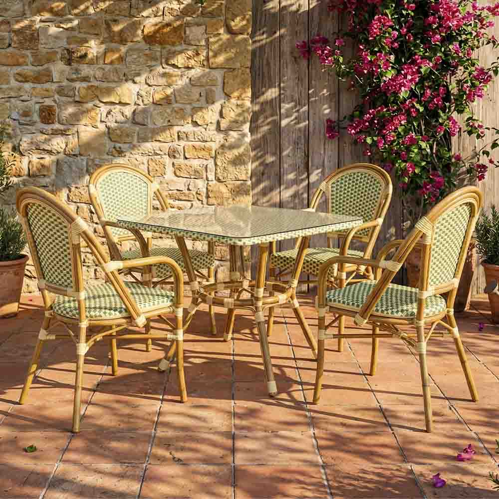 Toulouse Beige and Green French Bistro Set includes 48" x 36" Table and 4 Chairs with Arms FBK-SQ-BG-AW4-AX