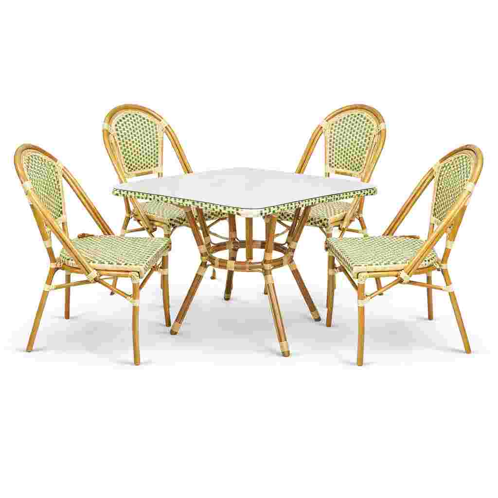 Toulouse Beige and Green French Bistro Set Includes 48" x 36" Table and 4 Chairs FBK-SQ-BG-W4-AX