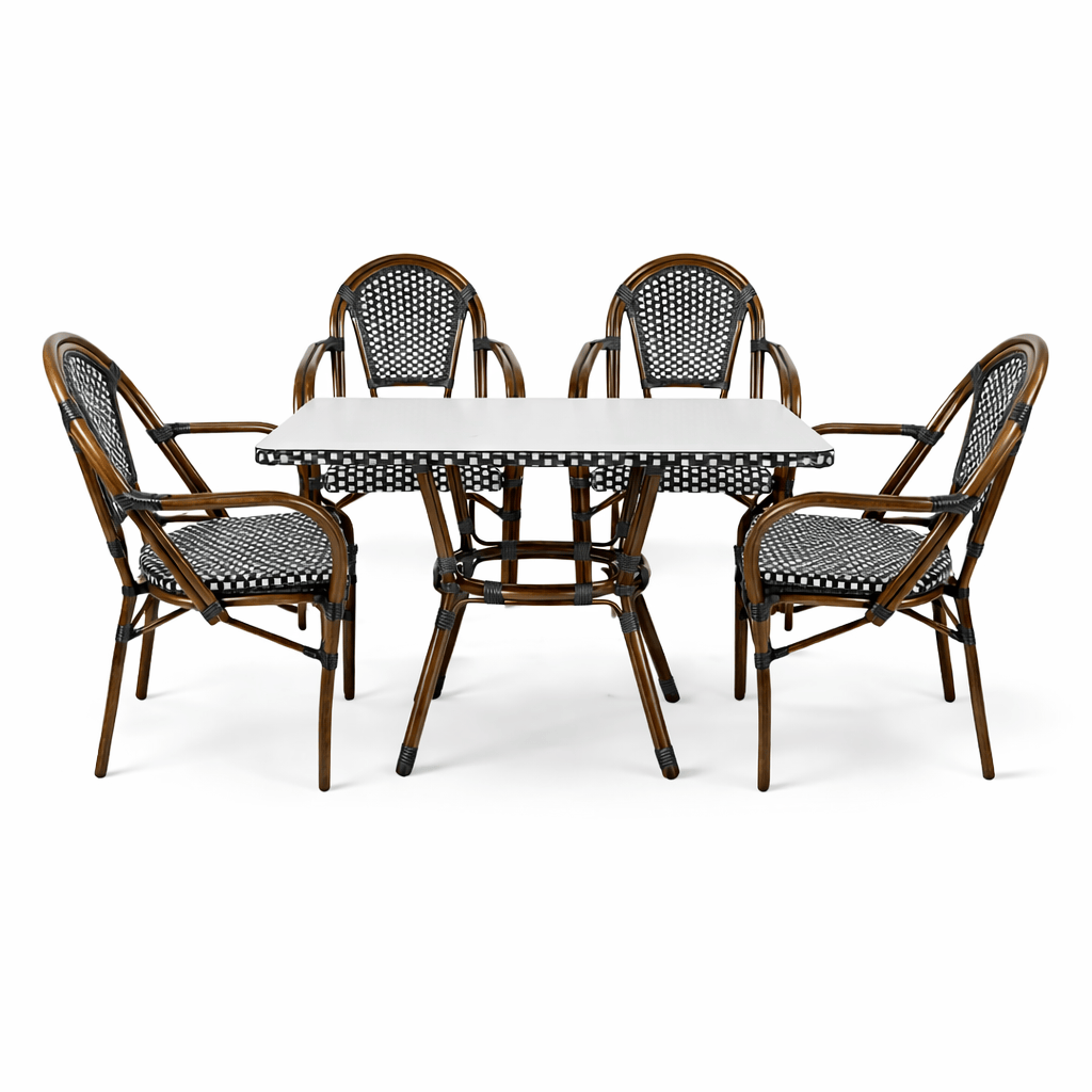 Toulouse Black and White French Bistro Set Includes 48" x 36" Table and 4 Chairs with Arms FBK-SQ-BLA-ABLA4-AX