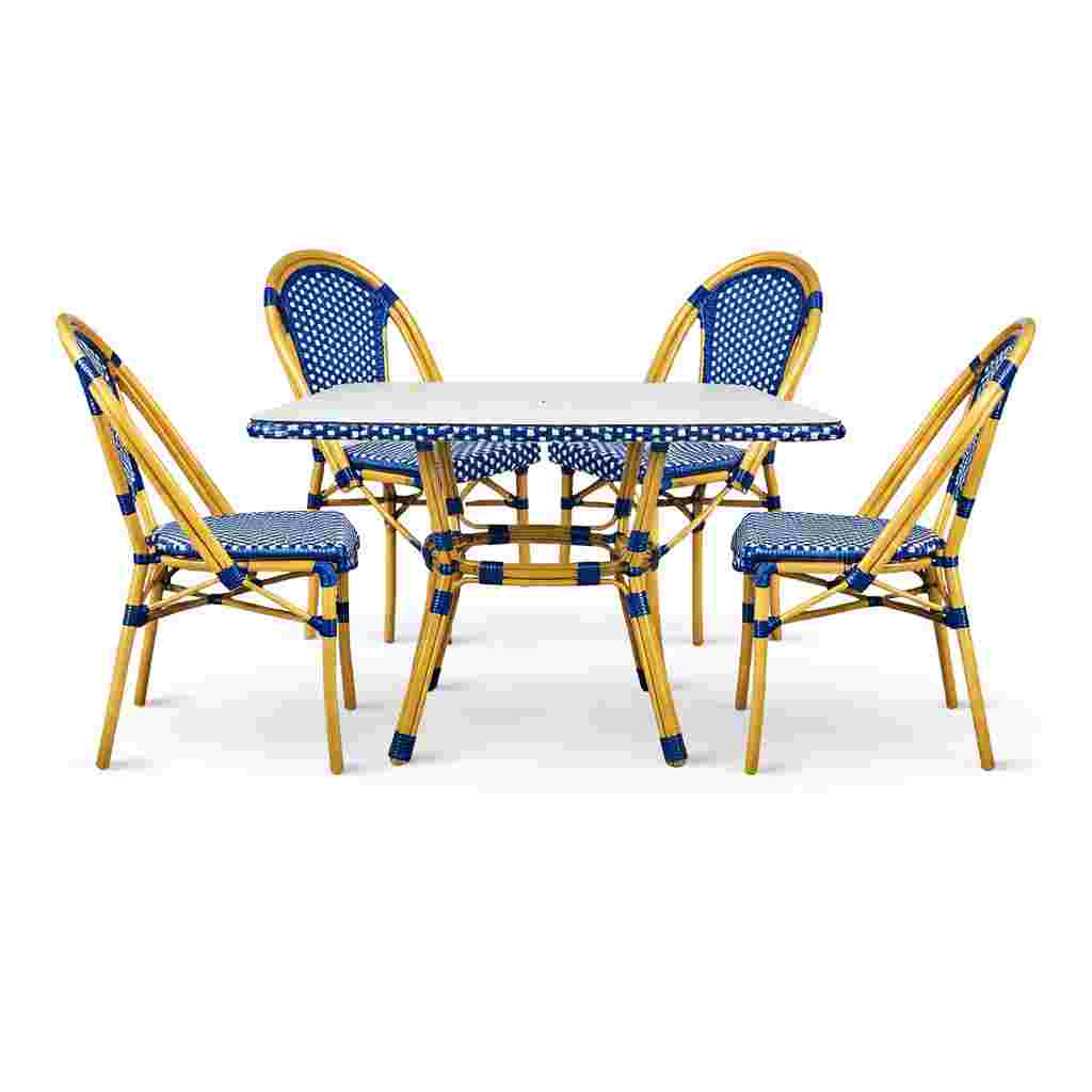 Toulouse Blue and White French Bistro Set Includes 48" x 36" Table and 4 Chairs FBK-SQ-BLU-BLU4-AX