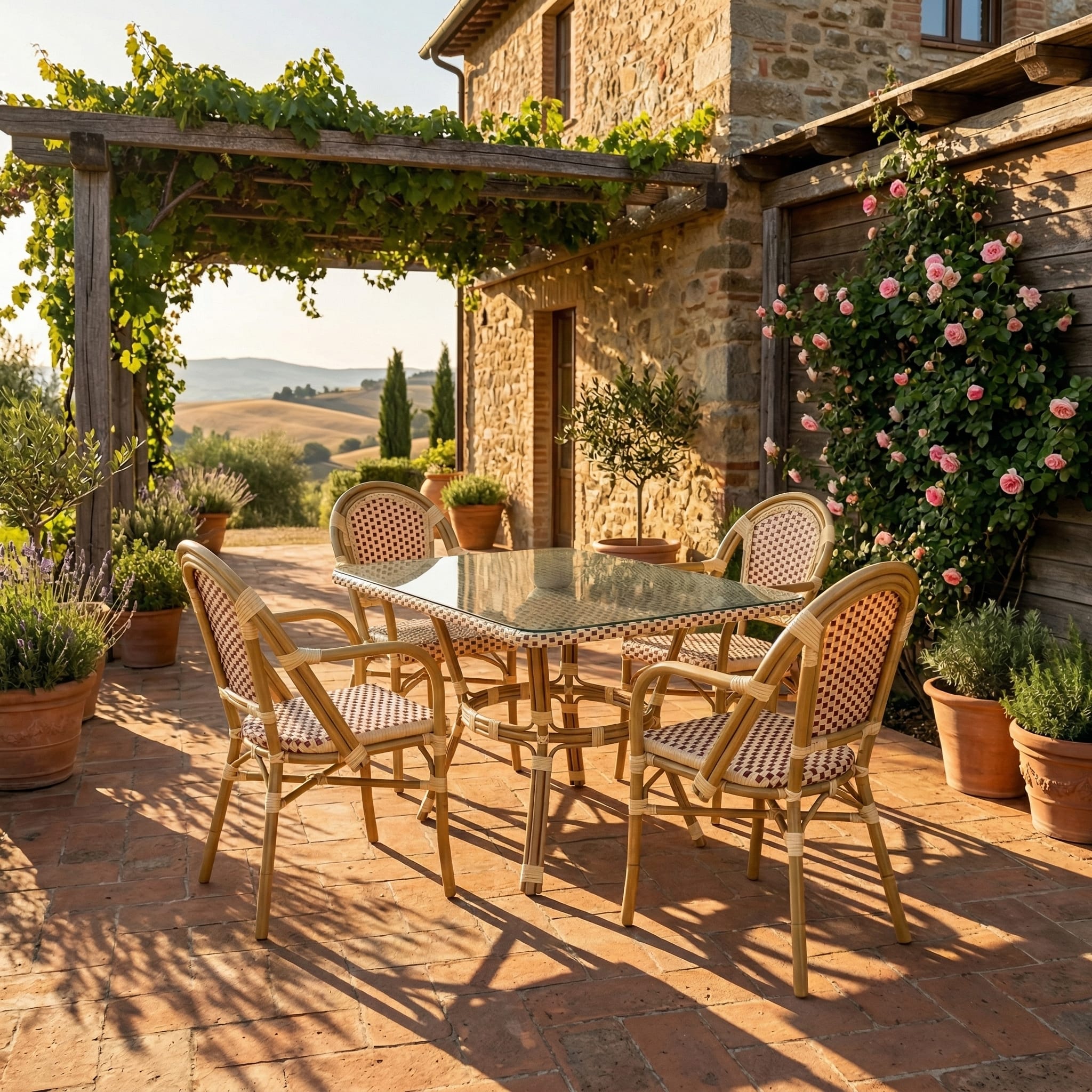 Toulouse Beige and Maroon French Bistro Set Includes 48" x 36" Table and 4 Chairs with Arms FBK-SQ-BM-AWM4-AX