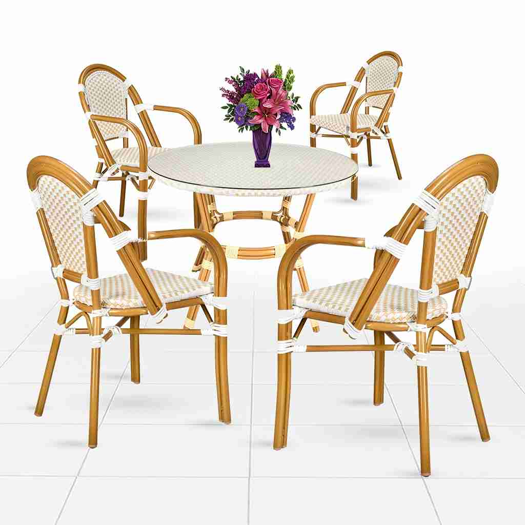 Chivari White and Beige French Bistro Set Includes 40" Table and 4 Chairs with Arms FBK-WB-AWB4-AX