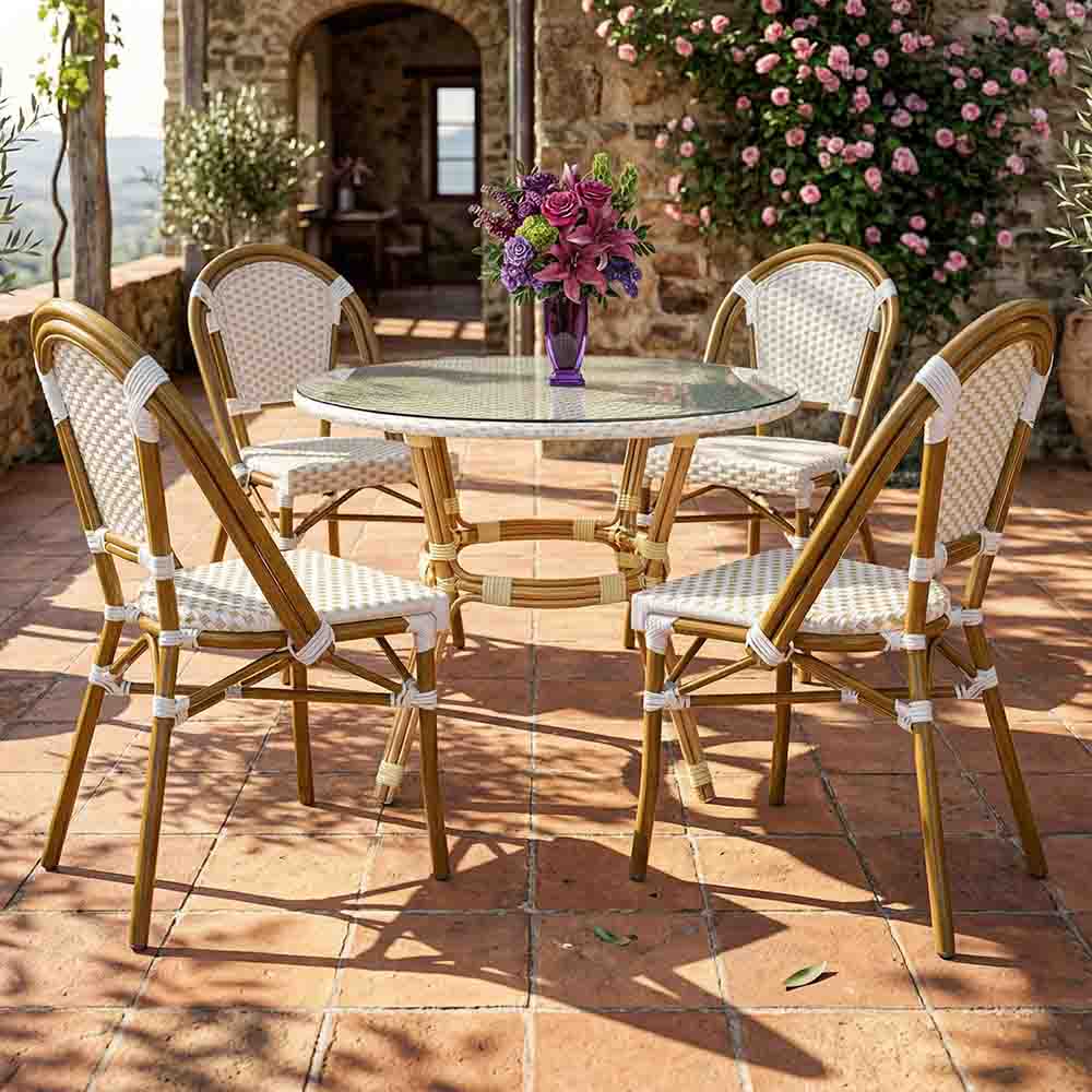 Toulouse White and Beige French Bistro Set Includes 40" Table and 4 Chairs FBK-WB-WB4-AX