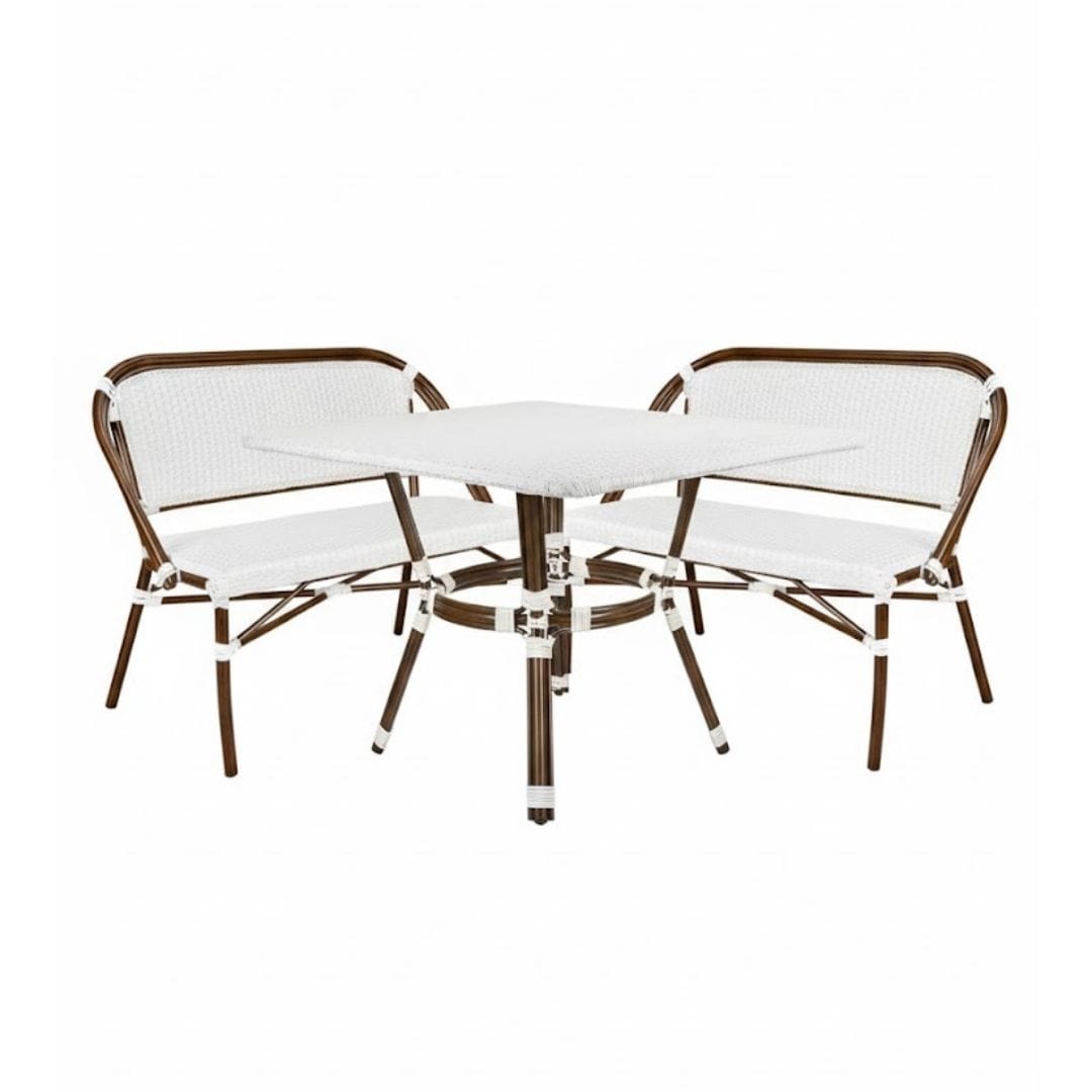 Toulouse White on White French Bistro Set with 48"x36" Table and 2 Benches FBK-WWD-4836X2B