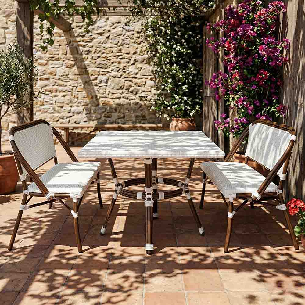 Toulouse White on White French Bistro Set with 48"x36" Table and 2 Benches FBK-WWD-4836X2B