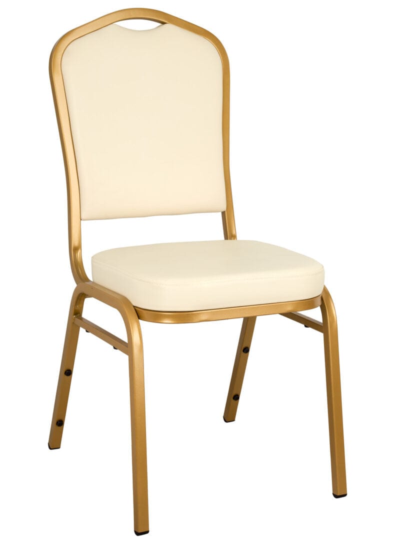 Chivari Scratch and Dent Ivory Vinyl Gold Frame Crown Back Banquet Chair CQCVI-ZF-T-SD
