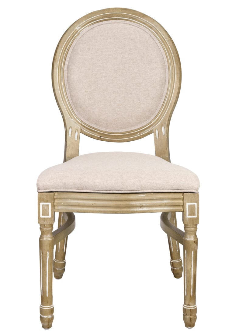 Antique Distressed Wood Louis Pop Chair Beige Tweed Fabric Back and Seat