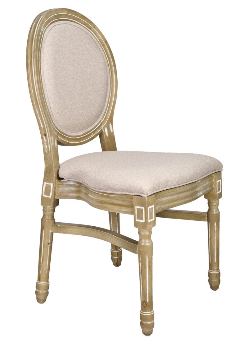Antique Distressed Wood Louis Pop Chair Beige Tweed Fabric Back and Seat