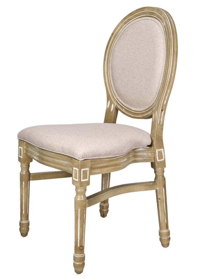 Chivari Antique Distressed Wood Louis Pop Chair Beige Tweed Fabric Back and Seat CLPWANTIQ-ZG-T