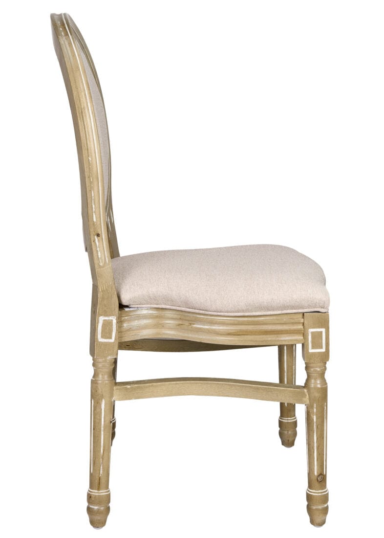 Chivari Antique Distressed Wood Louis Pop Chair Beige Tweed Fabric Back and Seat CLPWANTIQ-ZG-T