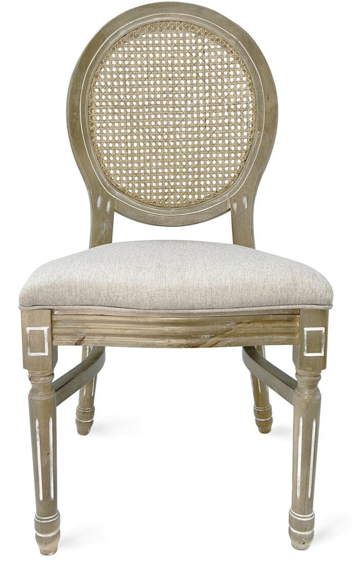 Chivari Antique Distressed Wood Louis Pop Chair Rattan Back and Beige Tweed Fabric Seat CLPWANTIQ-FR-ZG-T