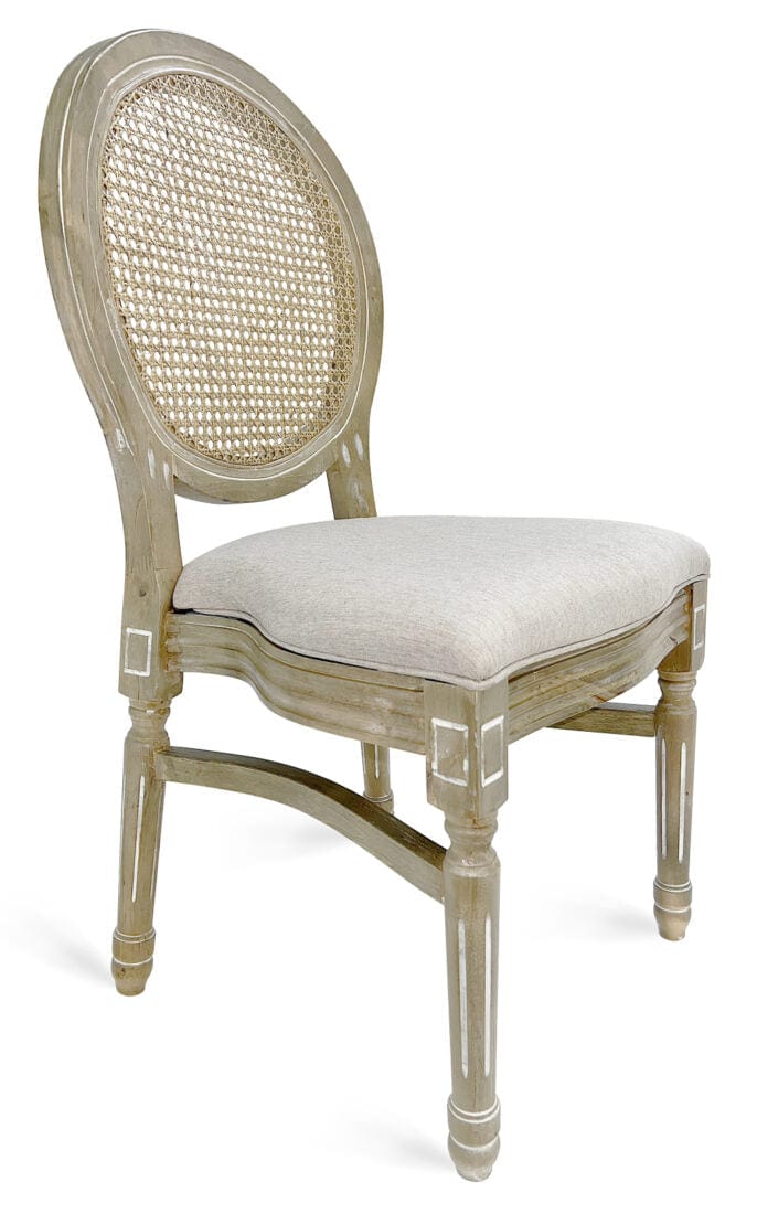 Antique Distressed Wood Louis Pop Chair Rattan Back and Beige Tweed Fabric Seat