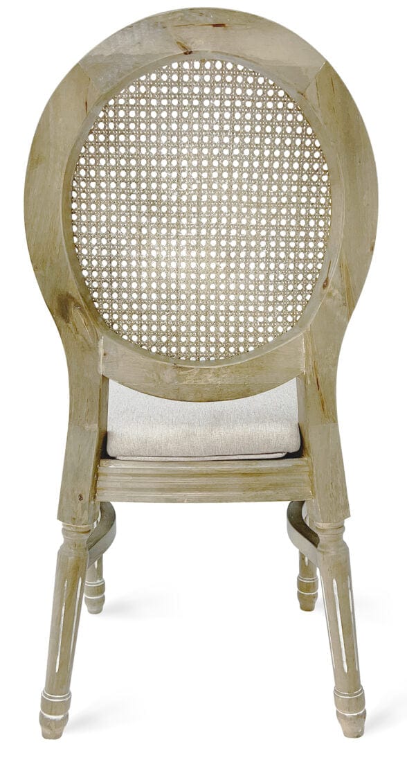 Antique Distressed Wood Louis Pop Chair Rattan Back and Beige Tweed Fabric Seat