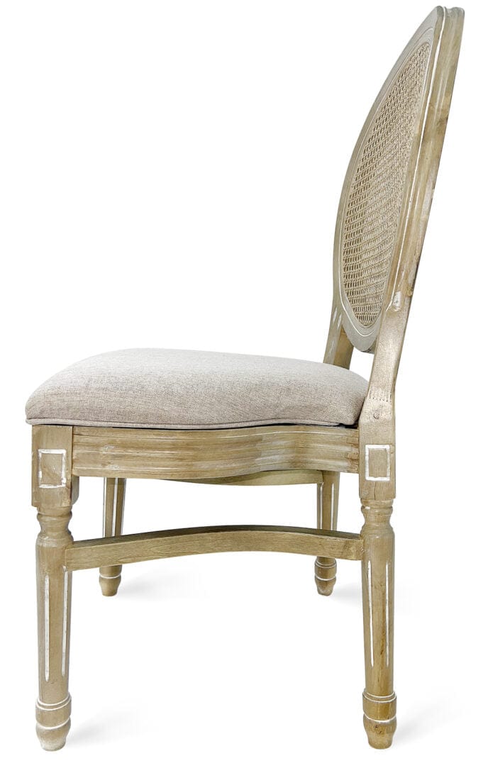 Chivari Antique Distressed Wood Louis Pop Chair Rattan Back and Beige Tweed Fabric Seat CLPWANTIQ-FR-ZG-T