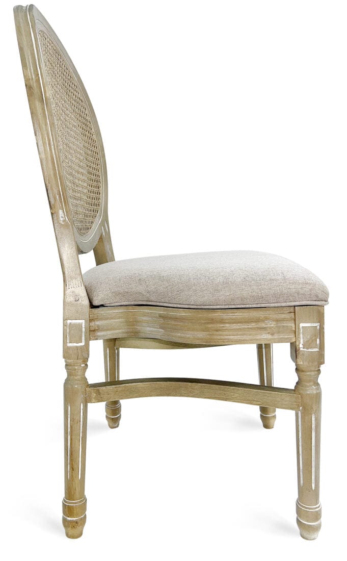 Chivari Antique Distressed Wood Louis Pop Chair Rattan Back and Beige Tweed Fabric Seat CLPWANTIQ-FR-ZG-T