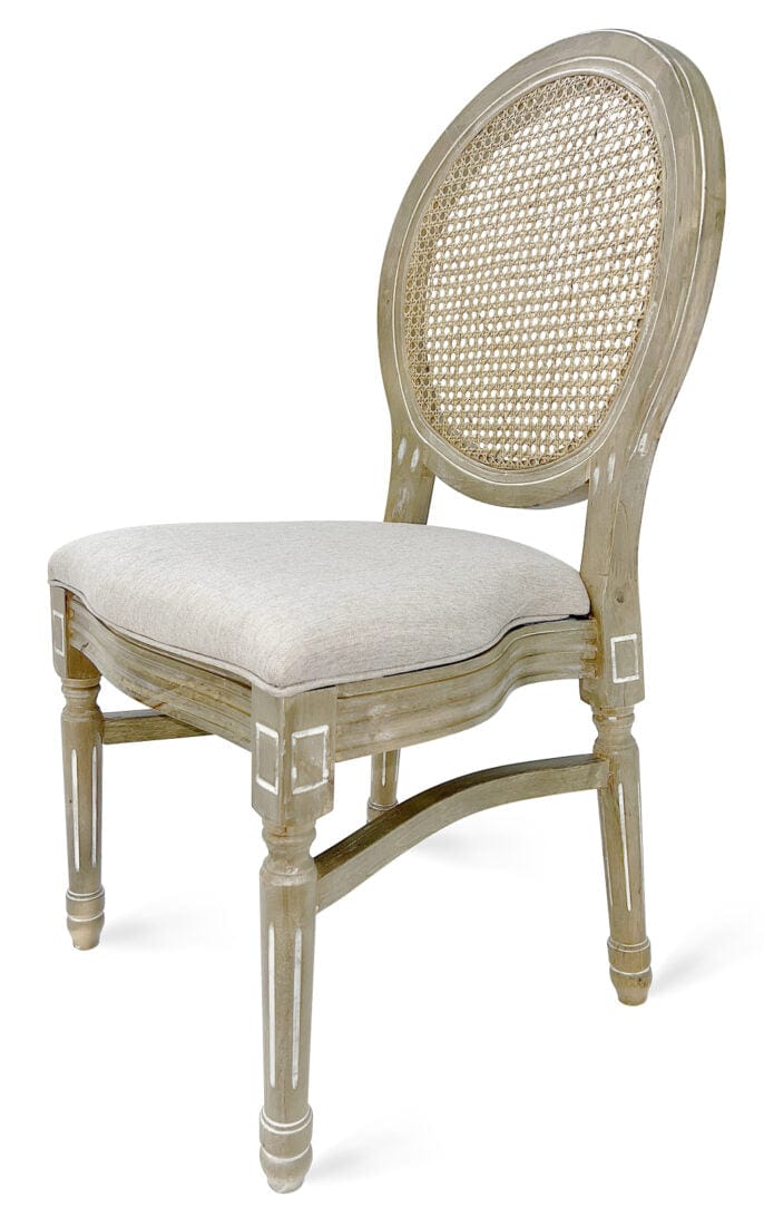 Chivari Antique Distressed Wood Louis Pop Chair Rattan Back and Beige Tweed Fabric Seat CLPWANTIQ-FR-ZG-T