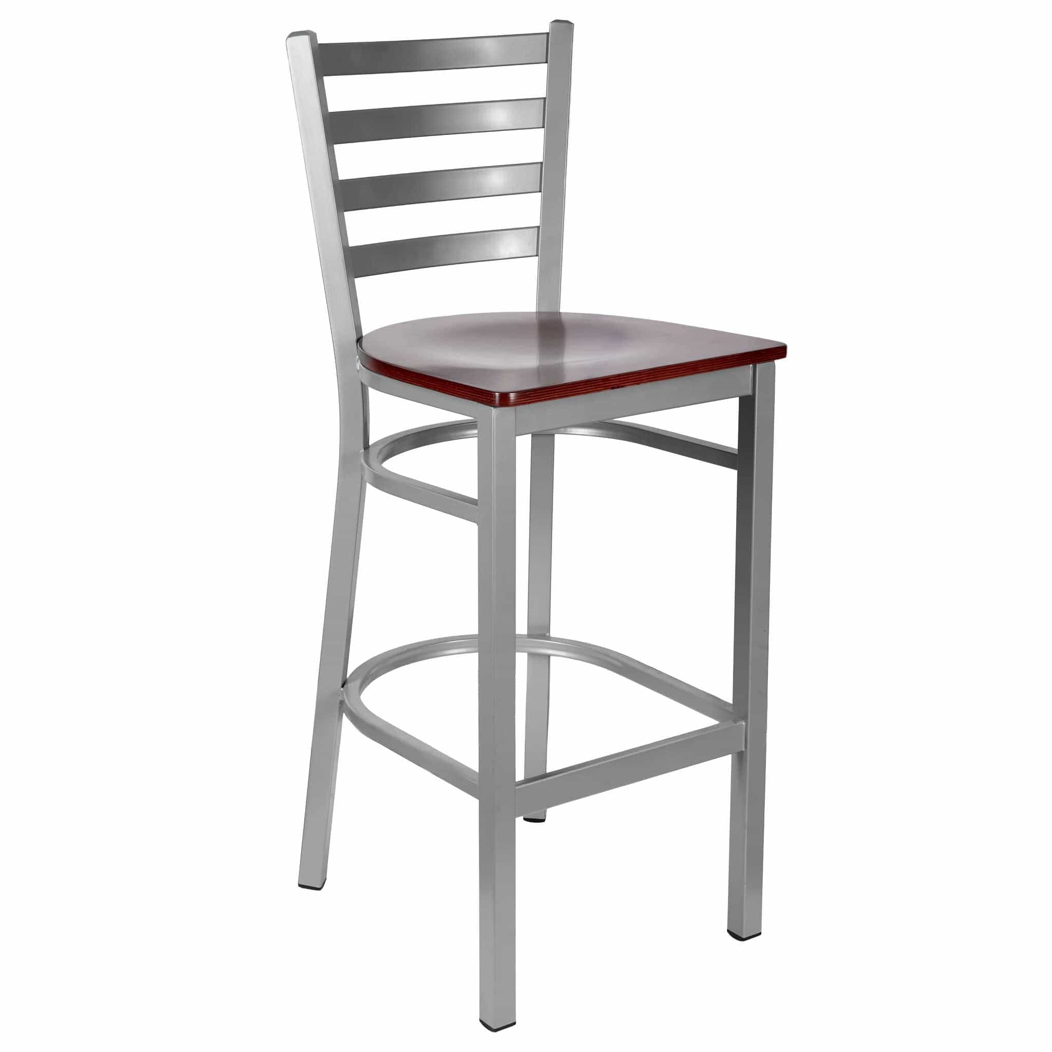 Chivari Ladder Back Bar Stool with Silver Frame and Mahogany Wood Seat BLMSWMW-ZF-KT