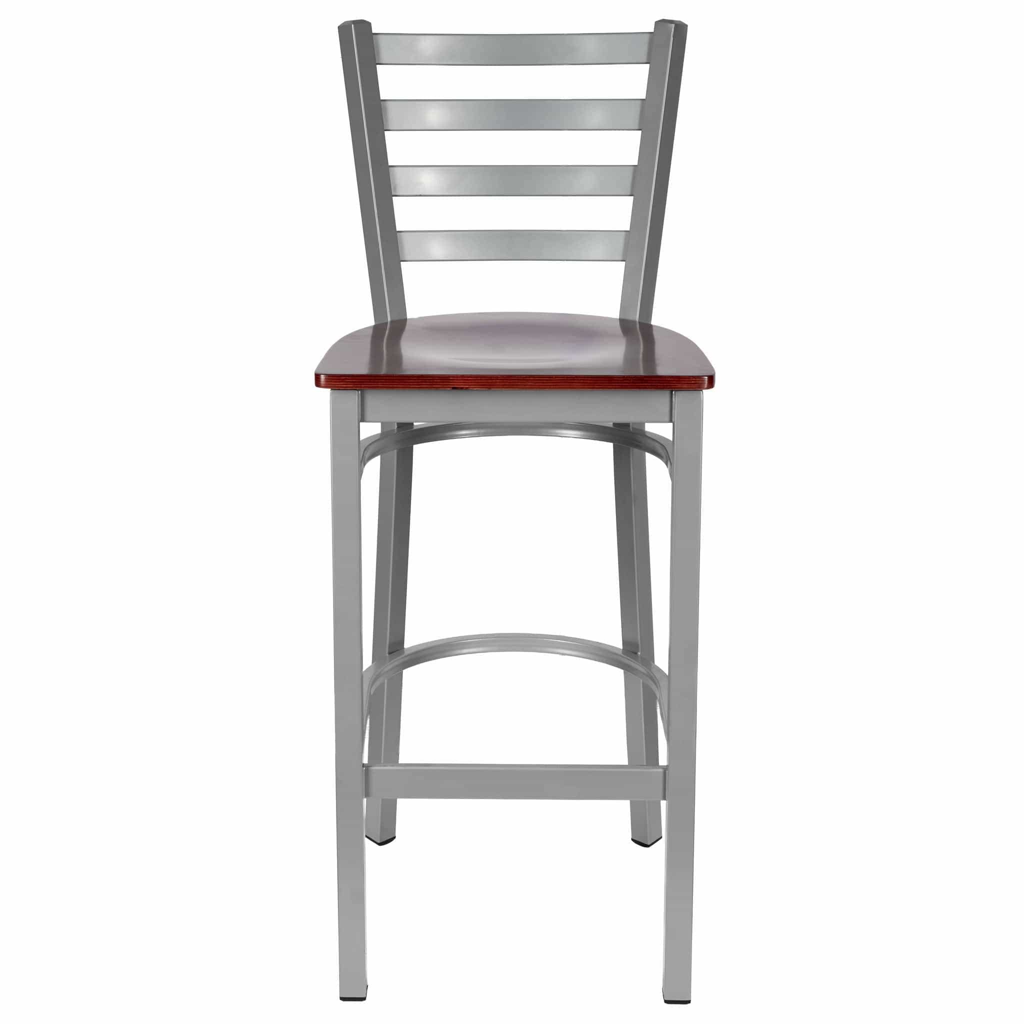 Chivari Ladder Back Bar Stool with Silver Frame and Mahogany Wood Seat BLMSWMW-ZF-KT
