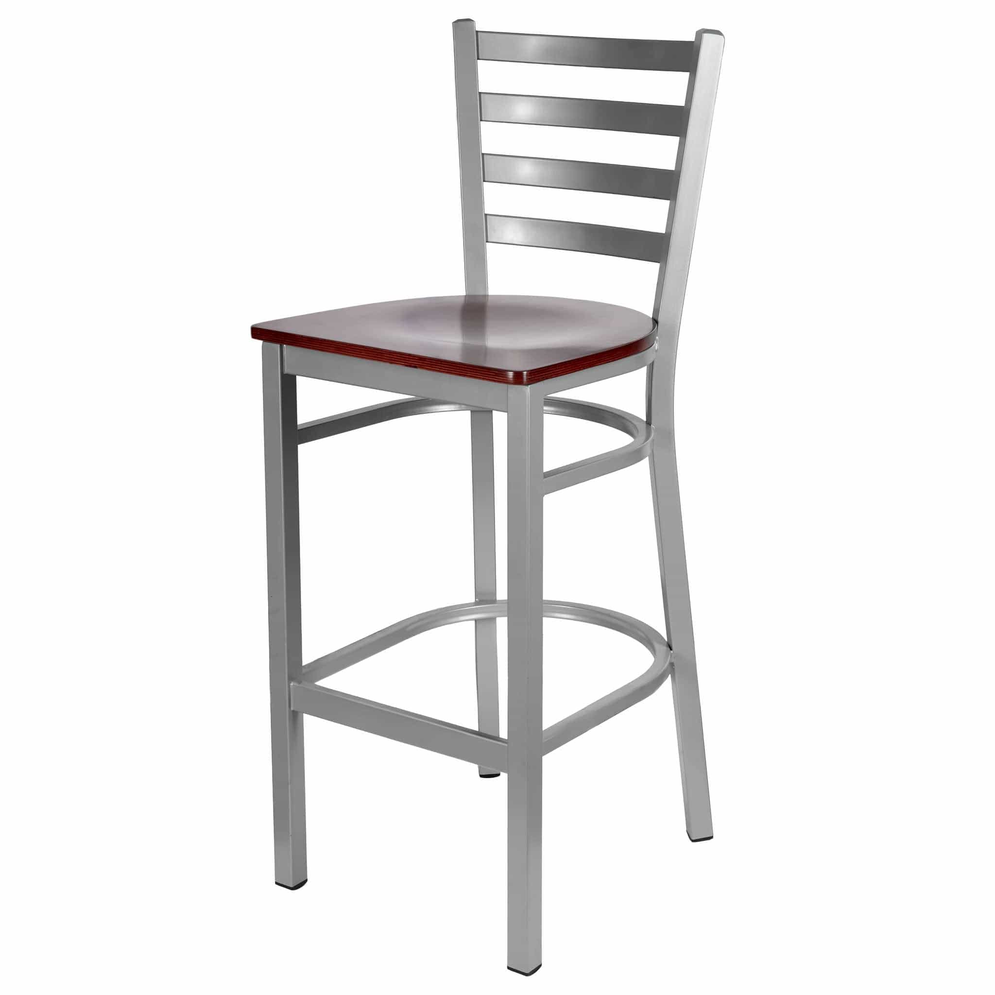 Chivari Ladder Back Bar Stool with Silver Frame and Mahogany Wood Seat BLMSWMW-ZF-KT
