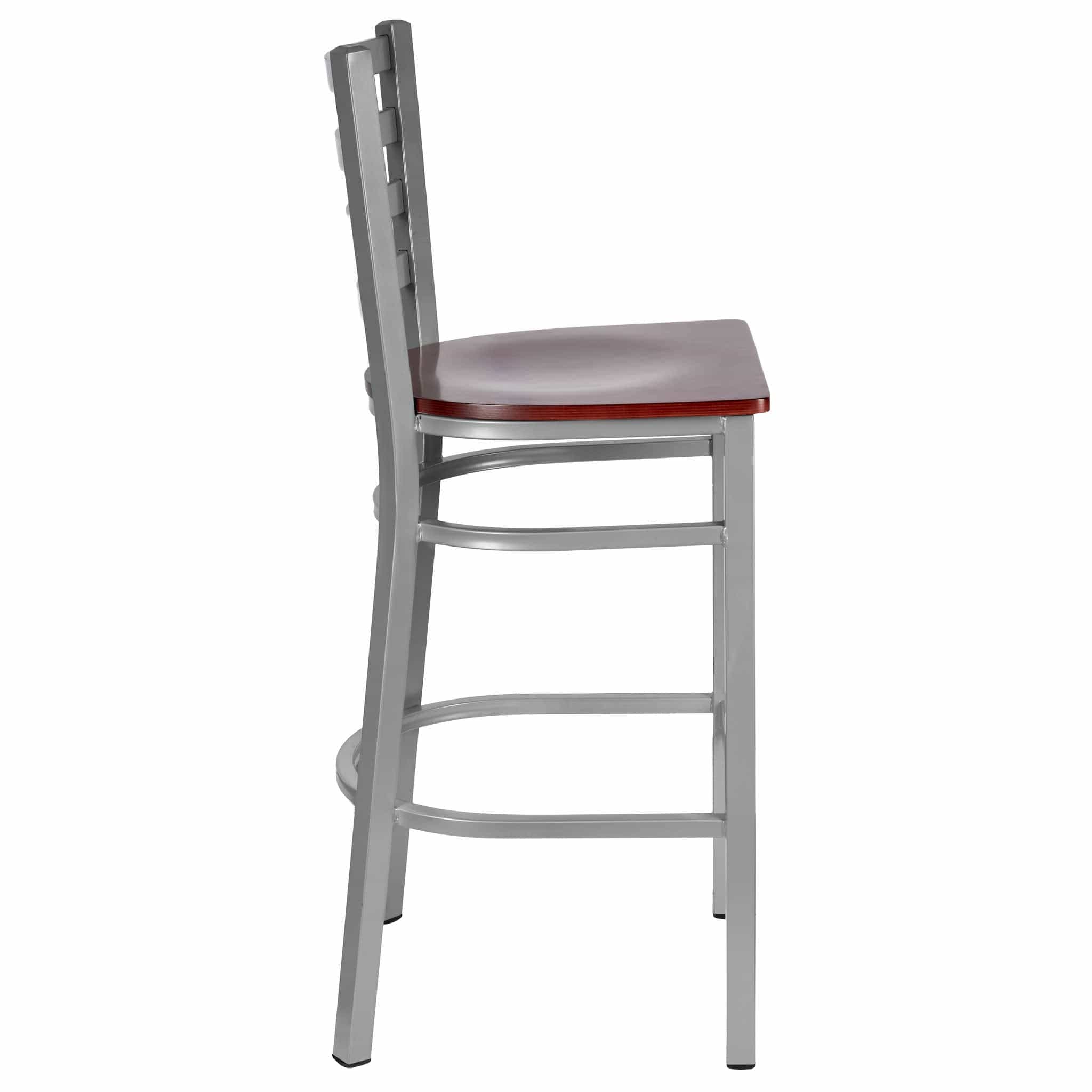 Chivari Ladder Back Bar Stool with Silver Frame and Mahogany Wood Seat BLMSWMW-ZF-KT