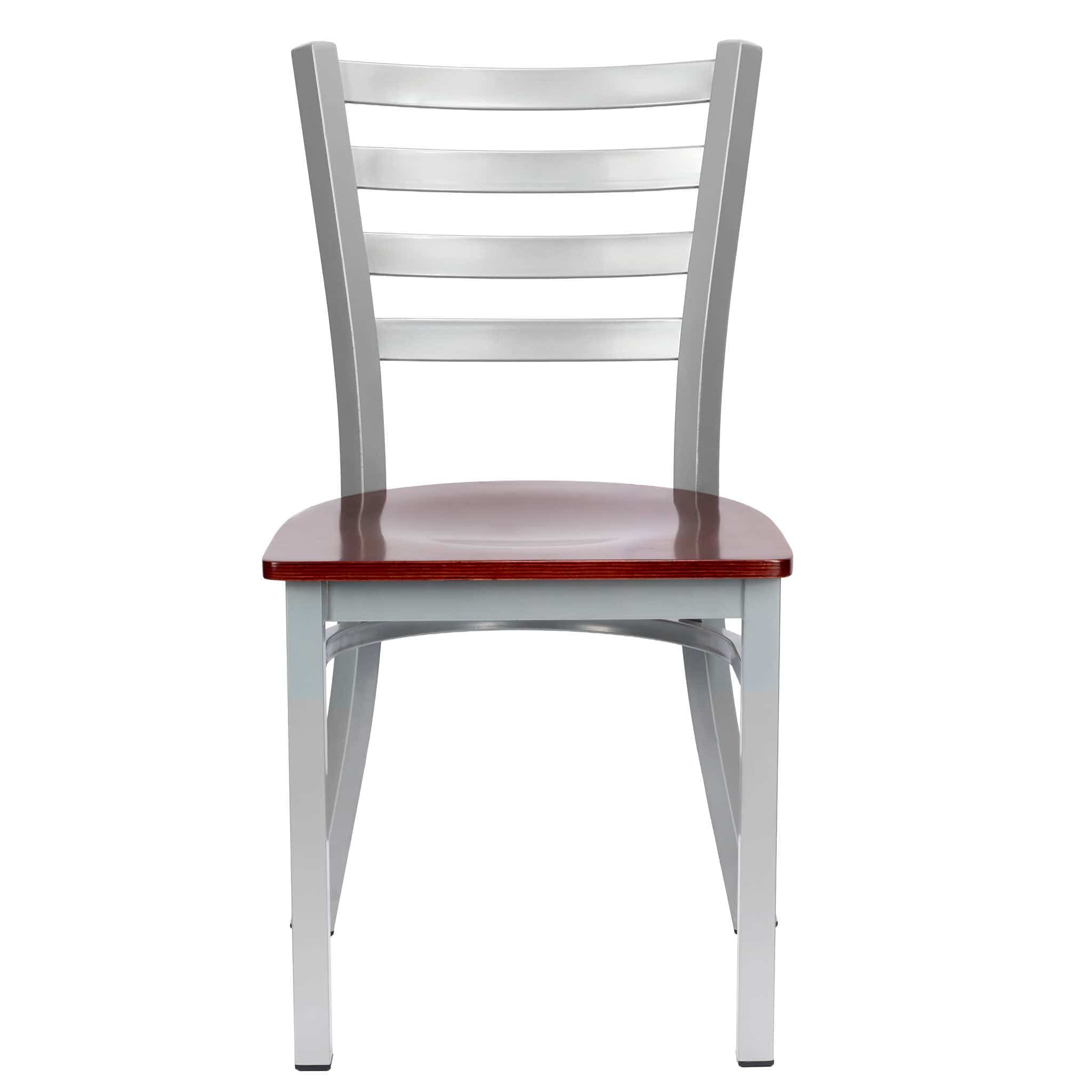 Chivari Ladder Back Restaurant Chair with Silver Frame and Mahogany Wood Seat CLMSWMW-ZF-KT