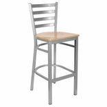 Ladder Back Bar Stool with Silver Frame and Natural Wood Seat