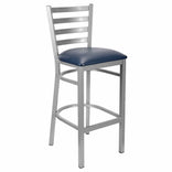 Ladder Back Bar Stool with Silver Frame and Navy Blue Vinyl Seat