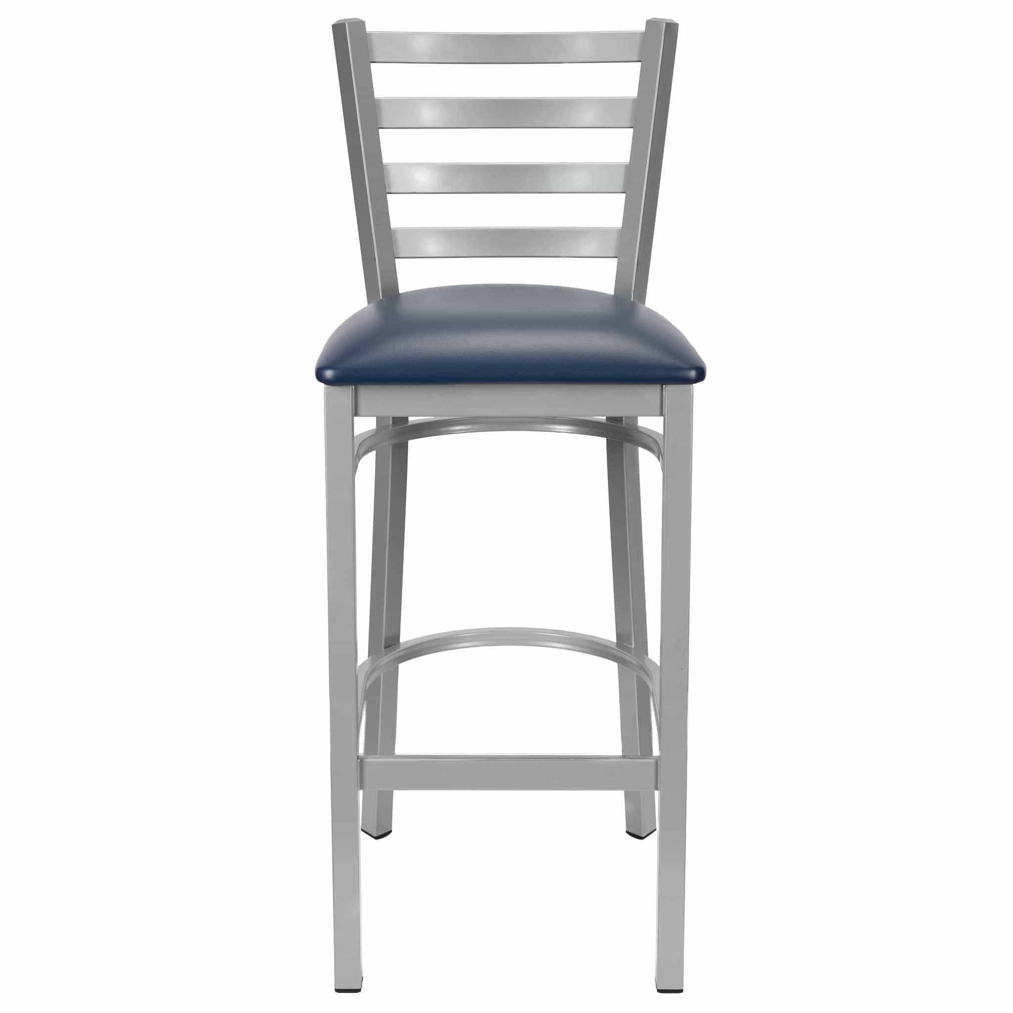 Chivari Ladder Back Bar Stool with Silver Frame and Navy Blue Vinyl Seat BLMSVNB-ZF-KT