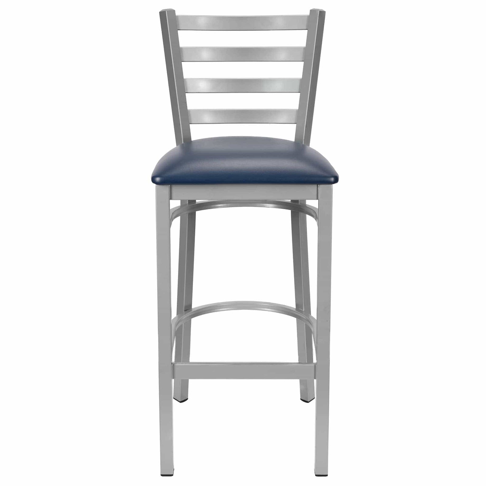 Chivari Ladder Back Bar Stool with Silver Frame and Navy Blue Vinyl Seat BLMSVNB-ZF-KT